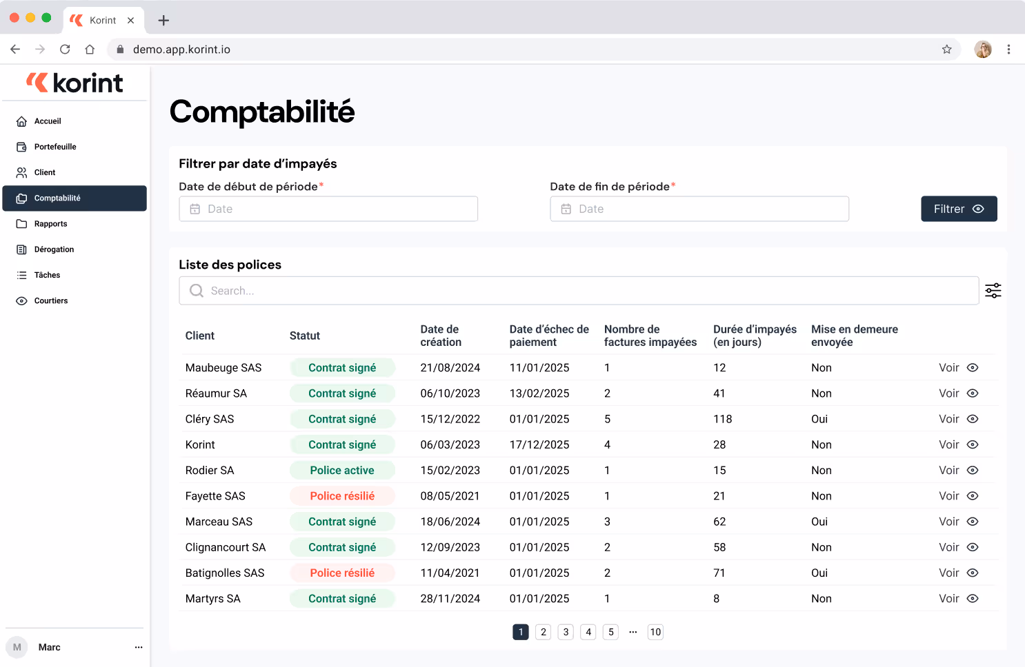 Interface du module de gestion des impayés