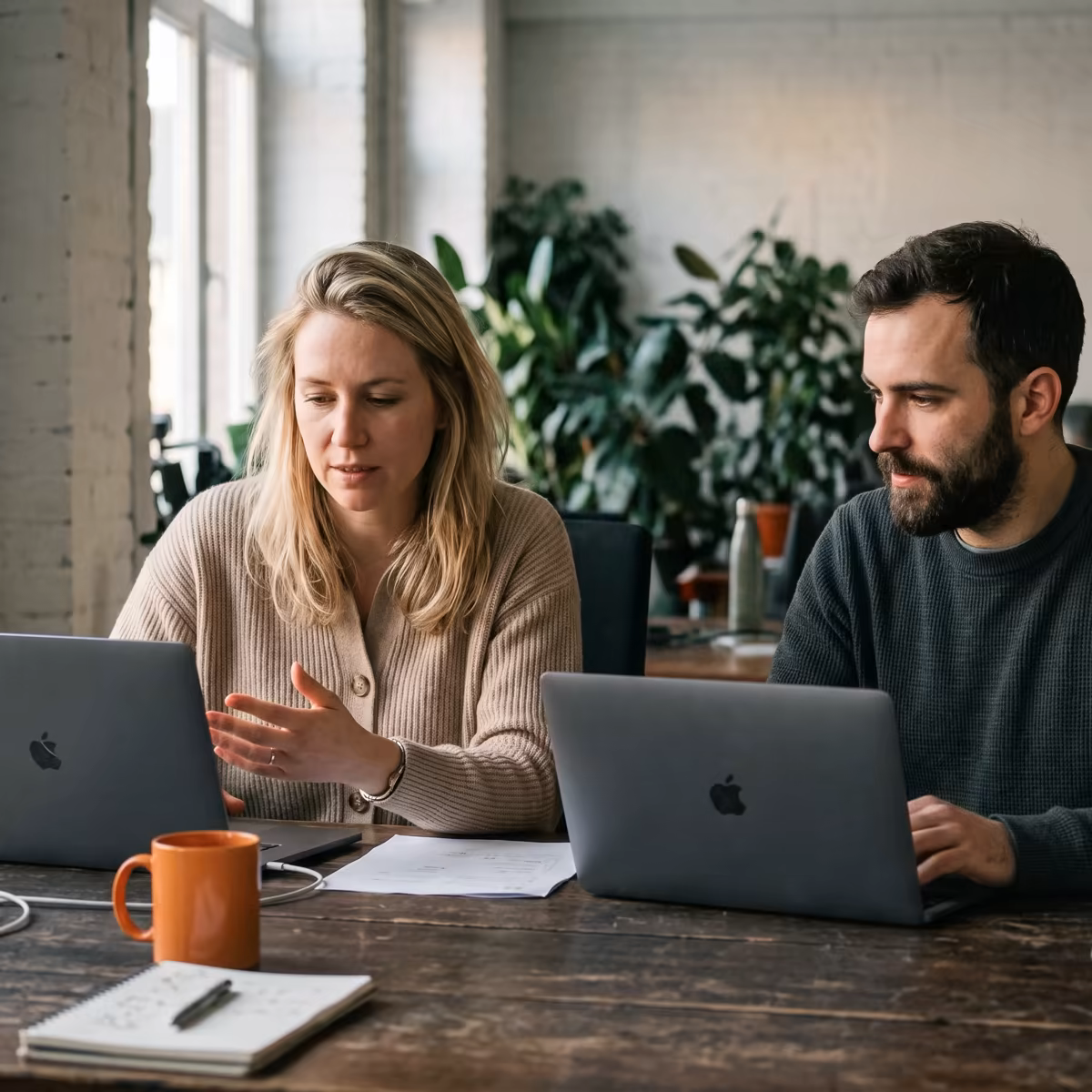 Two colleagues working side by side on laptops in an open-plan office