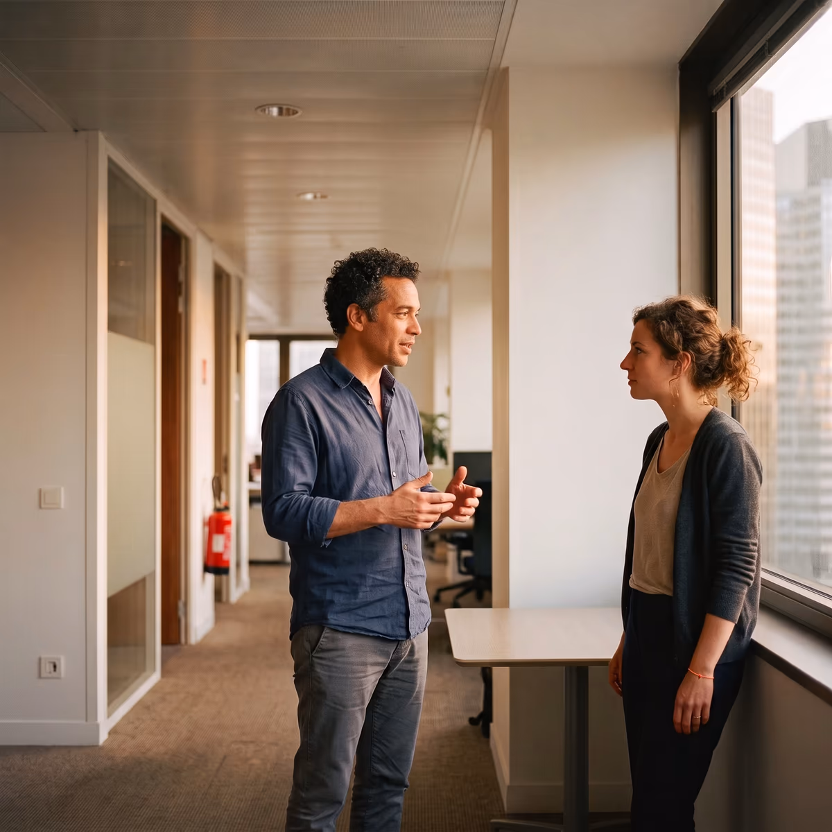 A broker and a colleague talking by the window in an office corridor