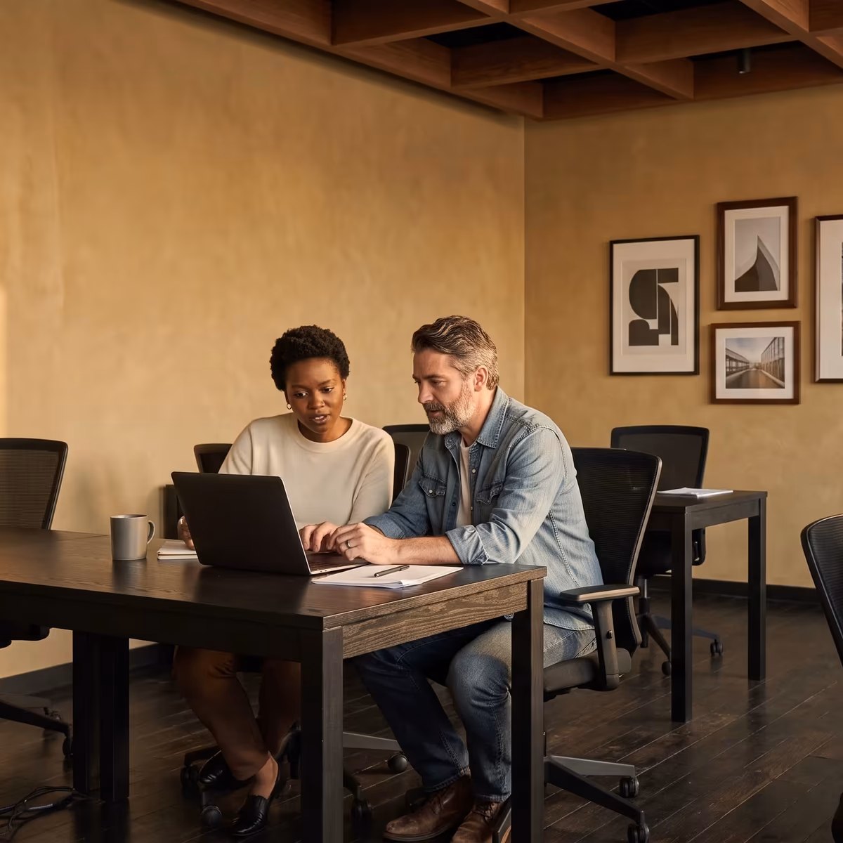 Two brokers going through a client file together on a laptop in a meeting room