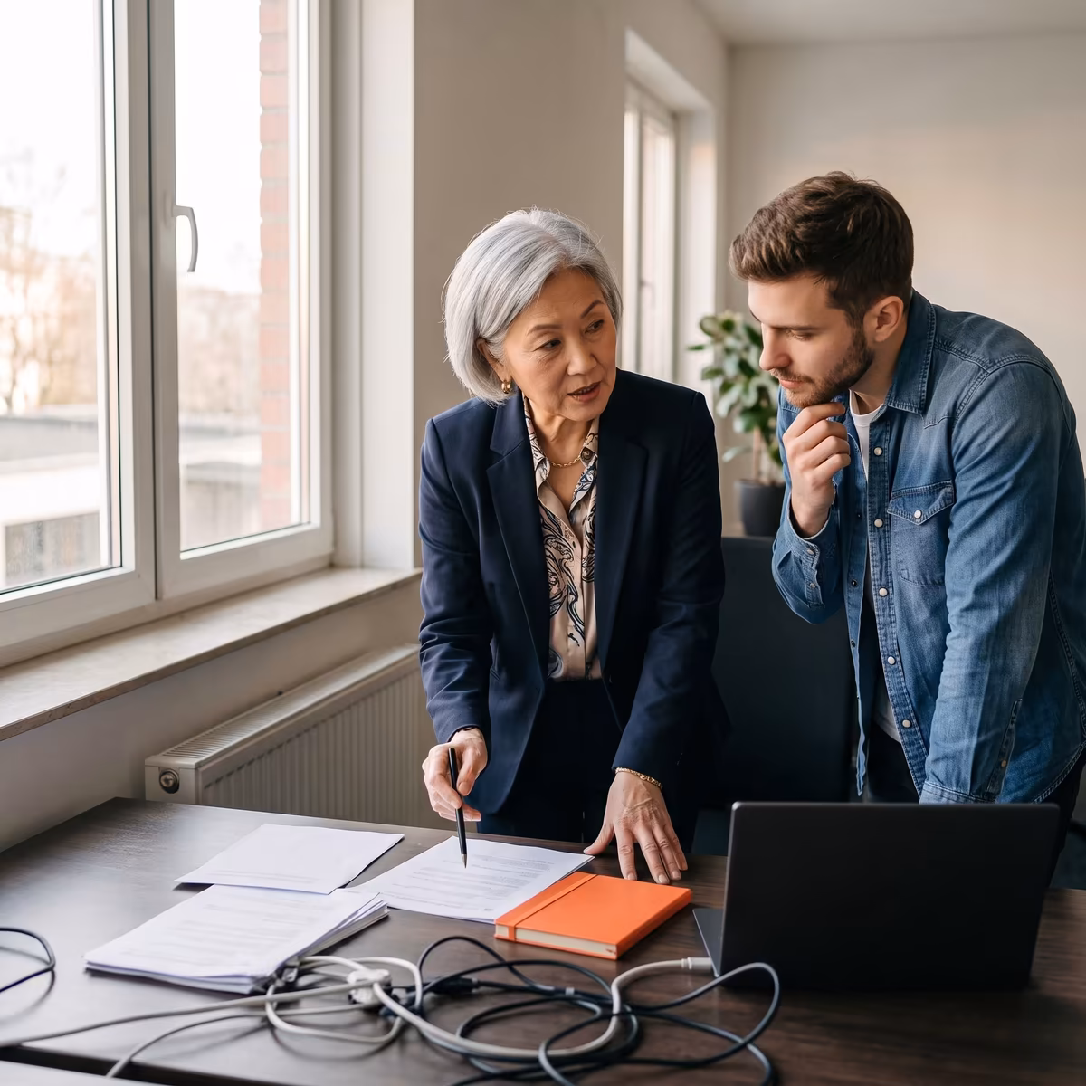 An underwriter walking a colleague through a policy document beside a laptop