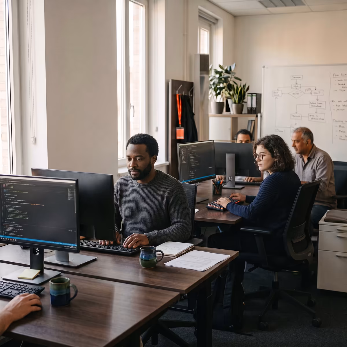 Developers working at their screens in an open-plan engineering office