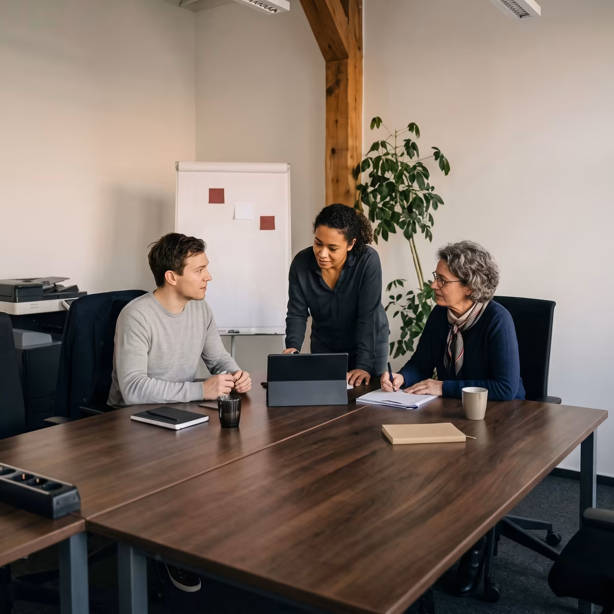 Three colleagues reviewing a project on a tablet around a meeting-room table