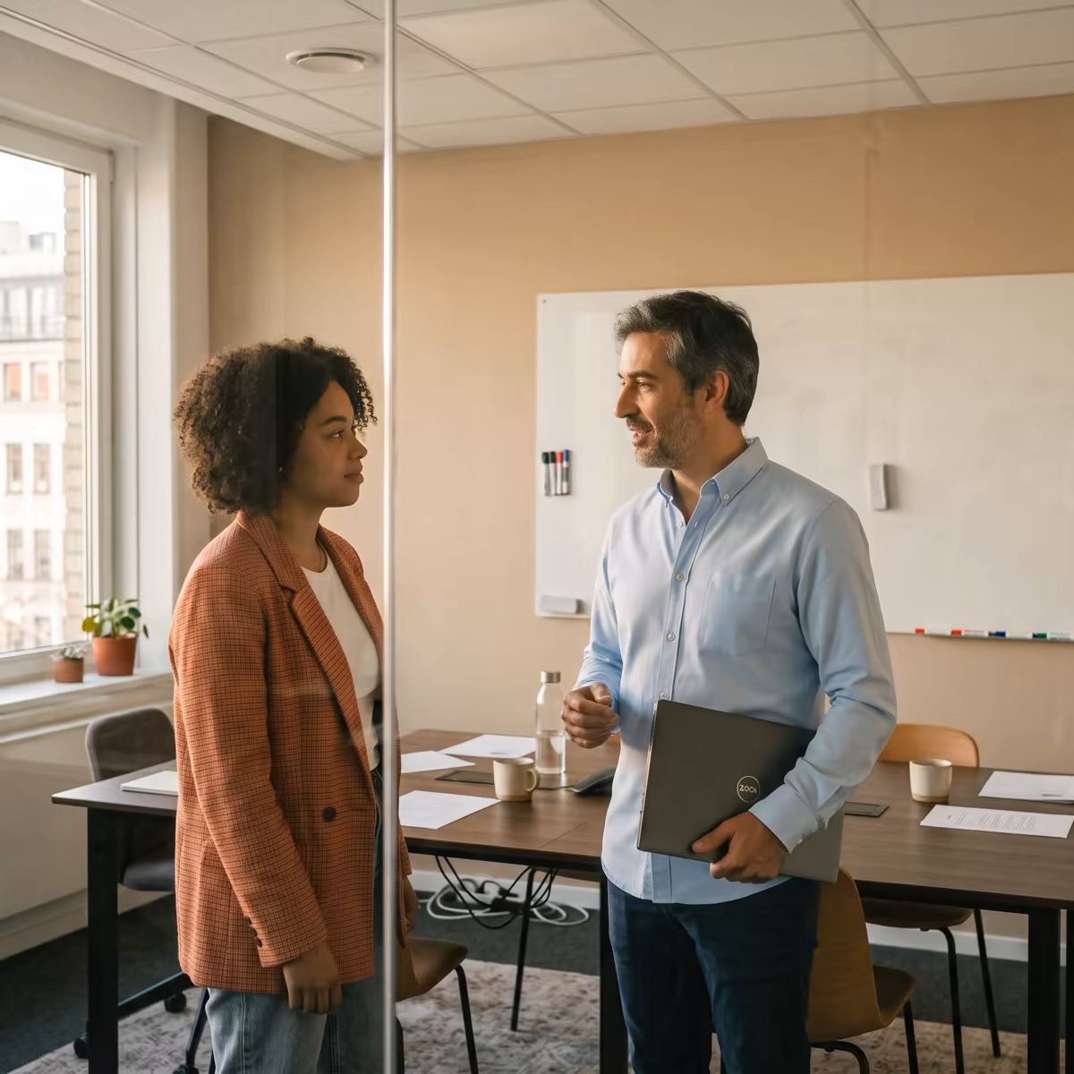 Two colleagues talking beside a whiteboard in a meeting room