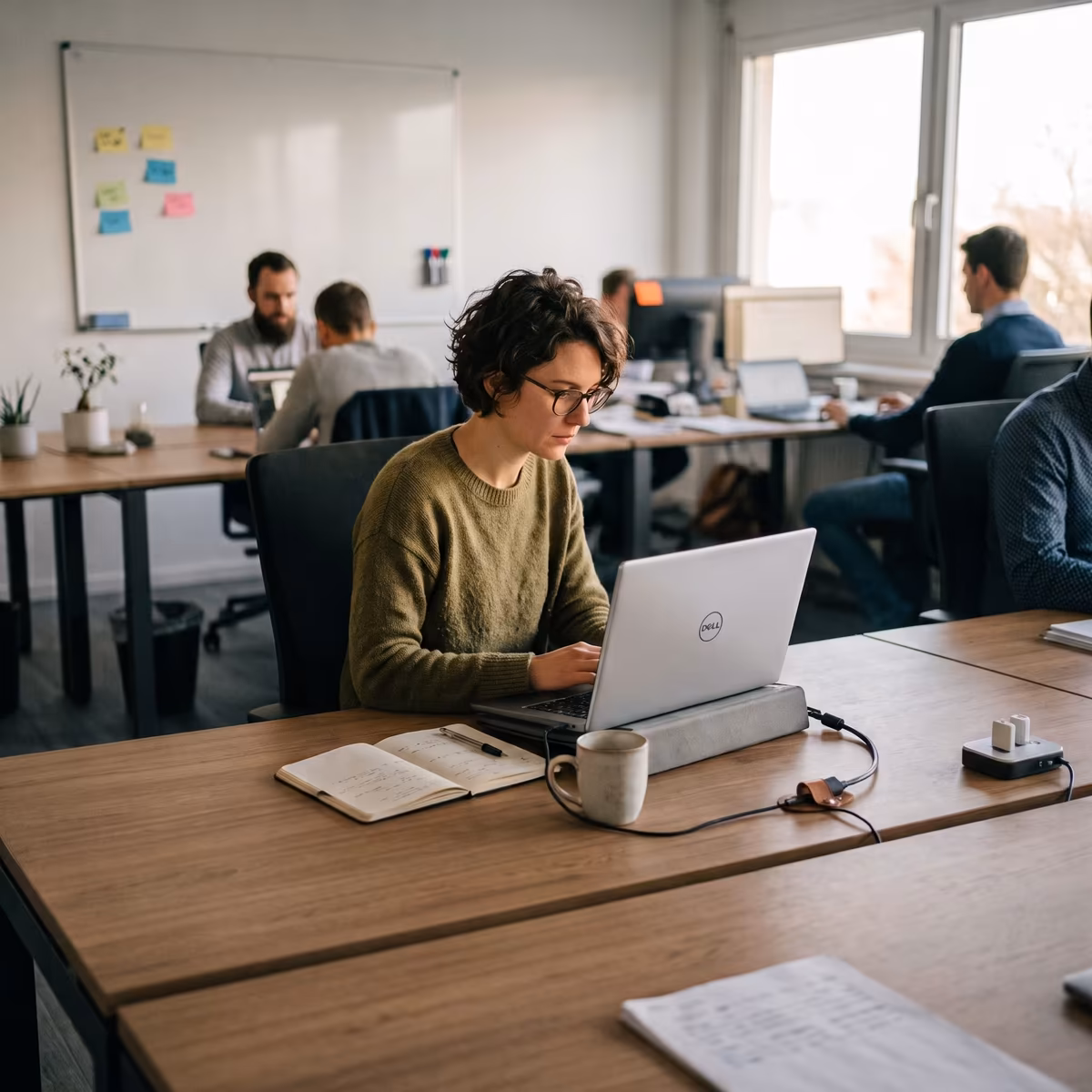 A broker working on a laptop in an open-plan office, colleagues at work behind them