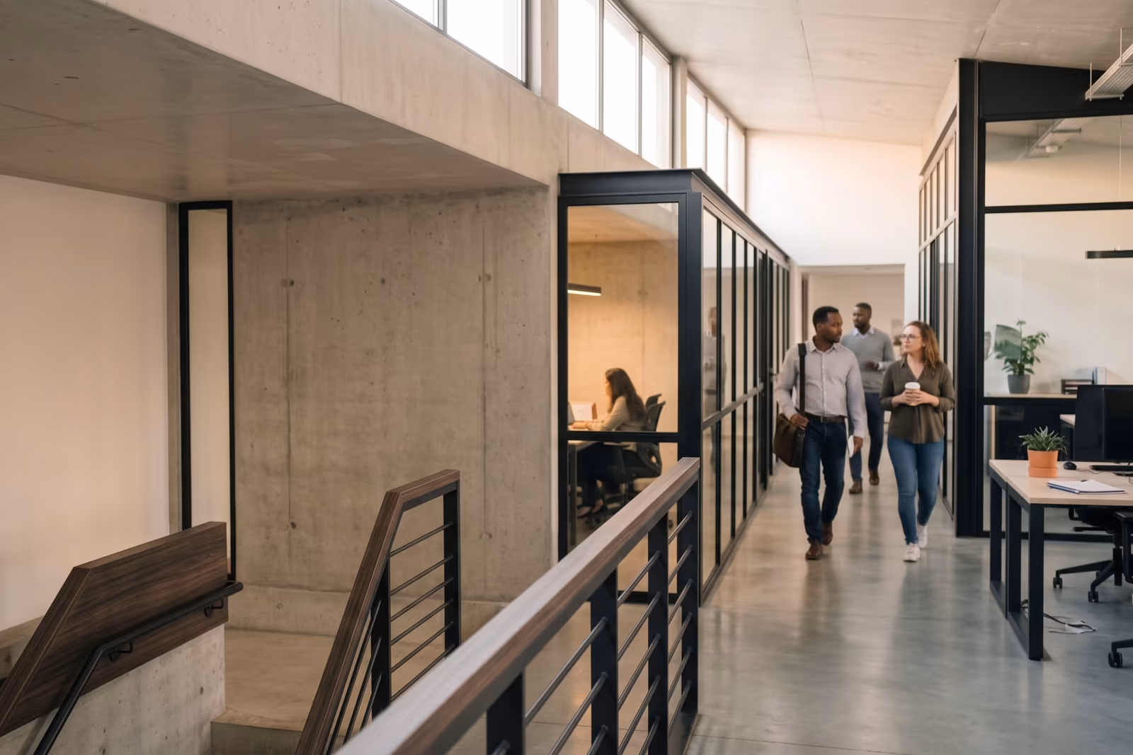 Two colleagues walking down the glazed corridor of an open-plan office, another working in a meeting room